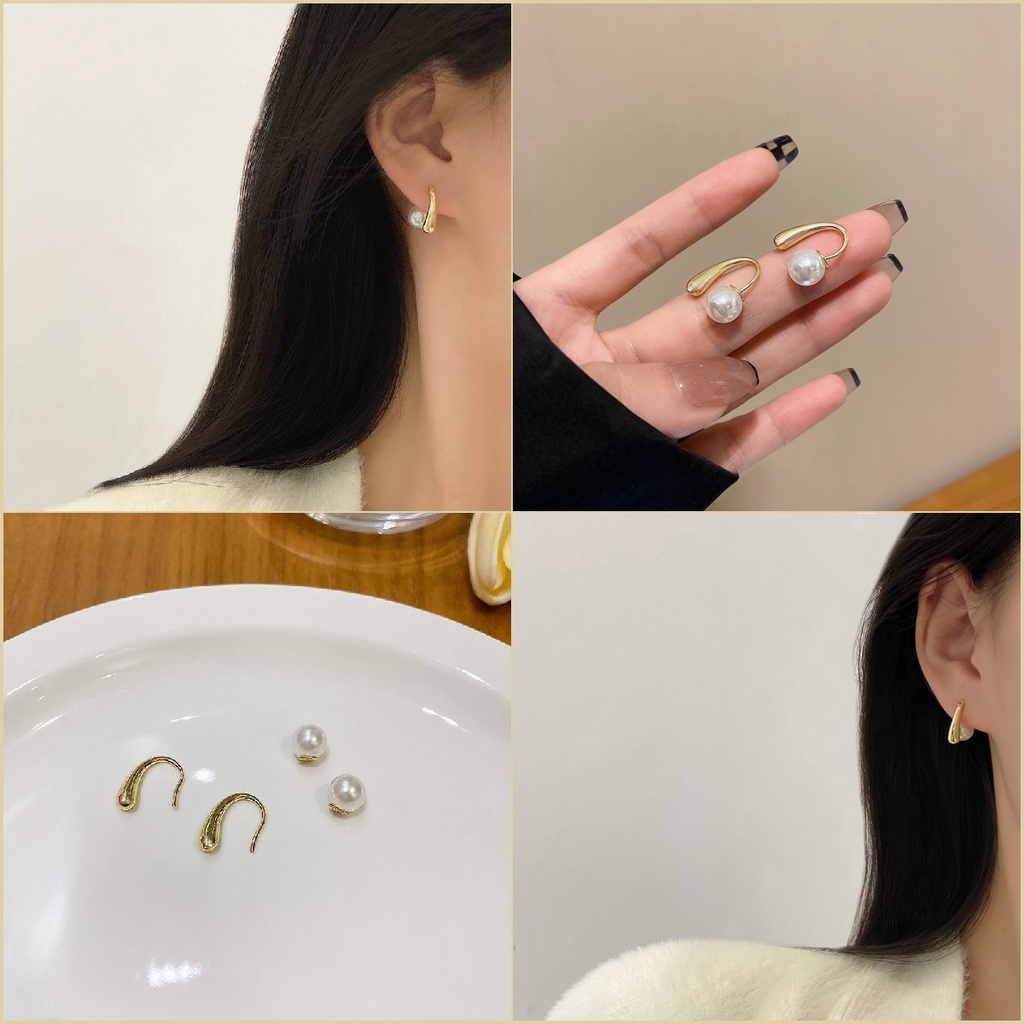 Bông Tai Mạ Bạc 925 Hình Giọt Nước Đính Ngọc Trai Đơn Giản Phong Cách Hàn Quốc