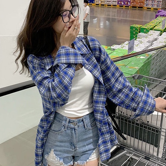 Áo sơ mi ZHELIHANGFEI dáng rộng cổ polo họa tiết kẻ sọc caro phong cách Mỹ thời trang dễ phối đồ