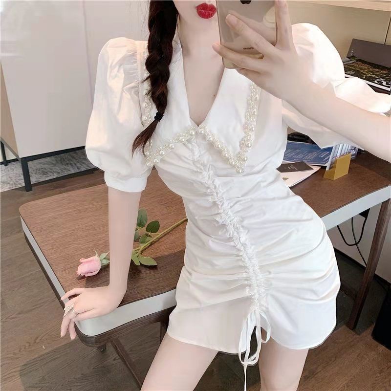 Đầm Tay Phồng Cổ Bẻ Đính Ngọc Trai Phong Cách Pháp Thời Trang Mùa Hè Cho Nữ