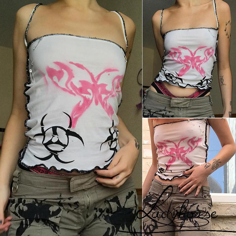 Áo Croptop Hai Dây Hở Lưng In Họa Tiết Bướm Quyến Rũ Dành Cho Nữ