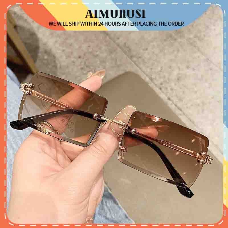 (AIMURUSI) COD Kính Mát Gọng Vuông Không Viền Phong Cách Retro Thời Trang Cho Nam Nữ