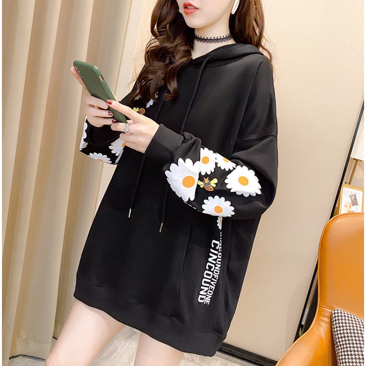 ÁO HOODIE NỮ FORM DÀI RỘNG HỌA TIẾT HOA CÚC HOT TREND 2021
