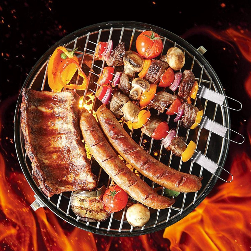 Xiên Nướng Bbq Bằng Thép Không Gỉ Chống Bỏng Kèm Thanh Trượt Tiện Dụng