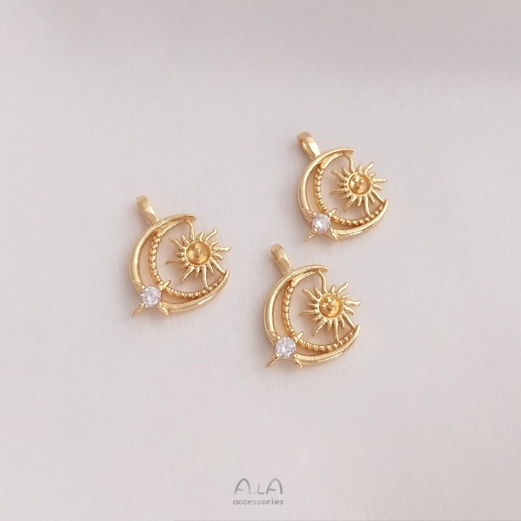 Vòng cổ Đồng 14K Mặt Hình Trăng Sao Mặt Trời Đính Ngọc Trai Làm Đồ Thủ Công DIY