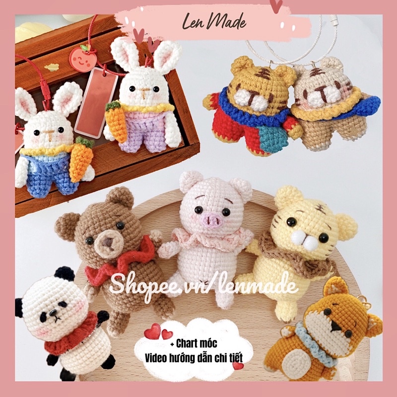 DIY gói nguyên liệu tự làm móc khoá len thú chibi nhồi bông thỏ gấu amigurumi đáng yêu quà tặng handmade đan móc lenmade