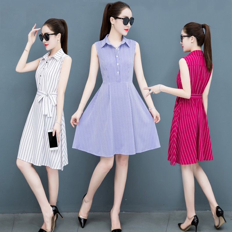 Đầm dự tiệc nữ, đầm sơ mi dáng xòe kẻ sọc kèm dây thắt eo Da79