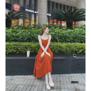 Đầm midi 2 dây cam đất nhẹ nhàng