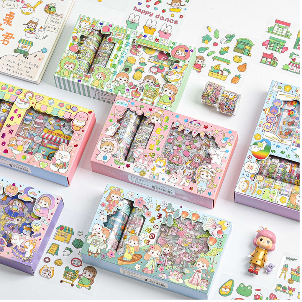 Hộp Washi Tape Cute Bóng Sticker Dễ Thương Trong Suốt Họa Tiết Cô Bé Đáng Yêu Hình Dán Trang Trí Sổ Bullet Takenote