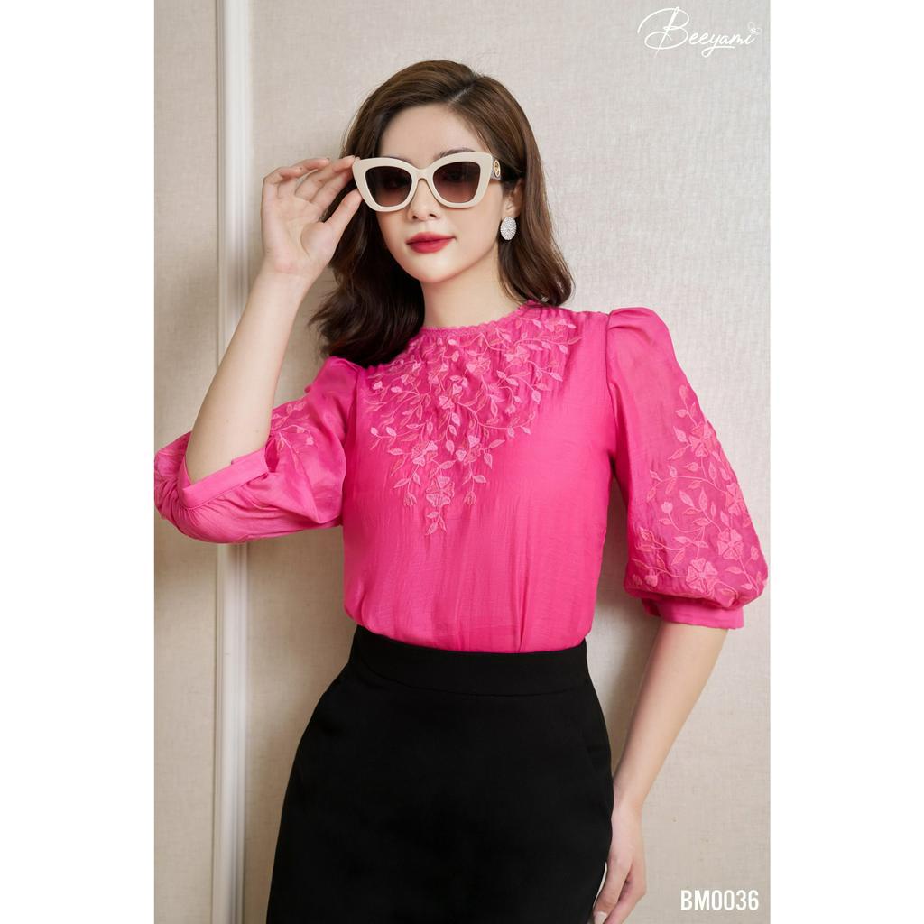 Áo Kiểu Cổ Tròn Tơ Thêu Hoa, Vải tơ cao cấp không co giãn, có 2 mầu: Màu hồng, Xanh lá - BM0036