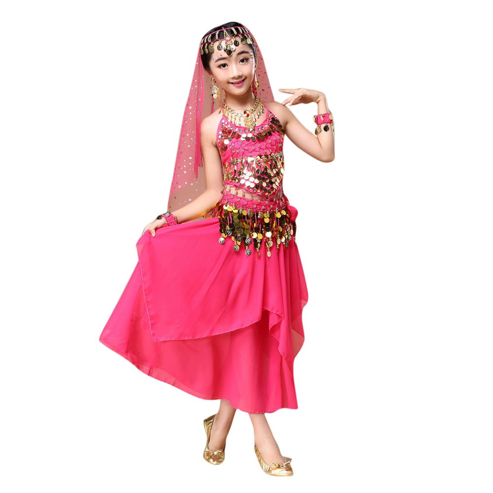 Bộ trang phục múa bụng phong cách Ấn Độ gồm áo và chân váy dành cho bé gái
