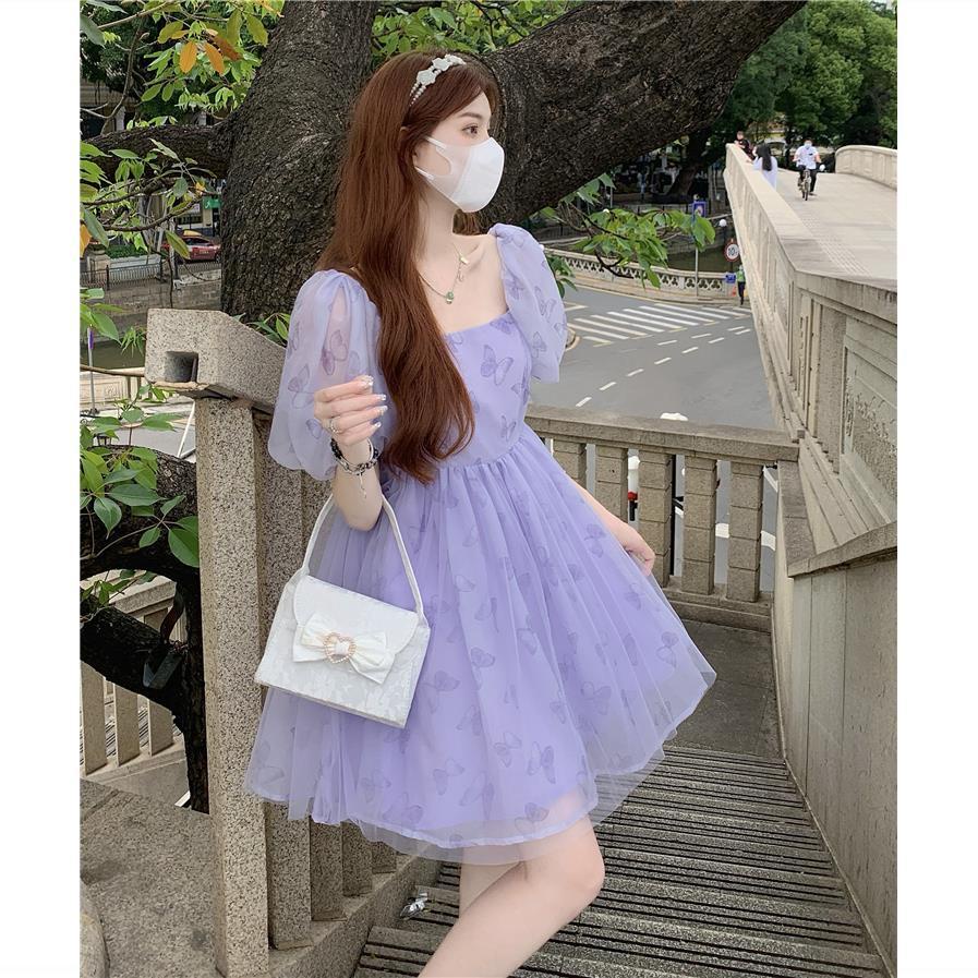 Váy babydoll Đầm Eo Cao Cổ Vuông Tay Phồng Phong Cách Phương Tây Thời Trang Mùa Hè 2022 Mới