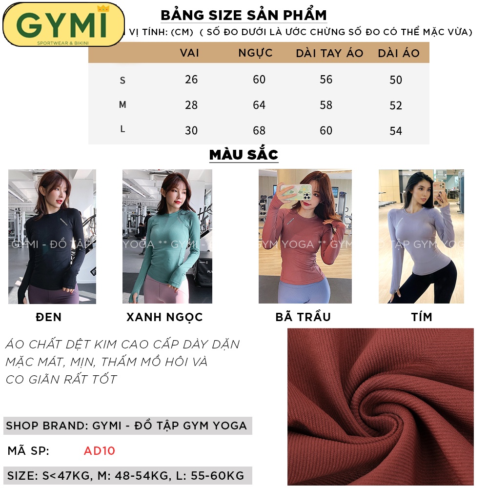 Áo tập gym yoga nữ dài tay GYMI AD10 dáng dài thể thao phủ bụng chất dệt kim logo Neverstop