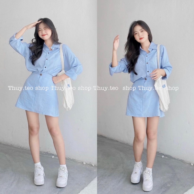 [Hàng sẵn] SET ĐŨI ÁO SƠ MI DÀI TAY CHÂN VÁY CHỮ A CẠP CHUN SAU