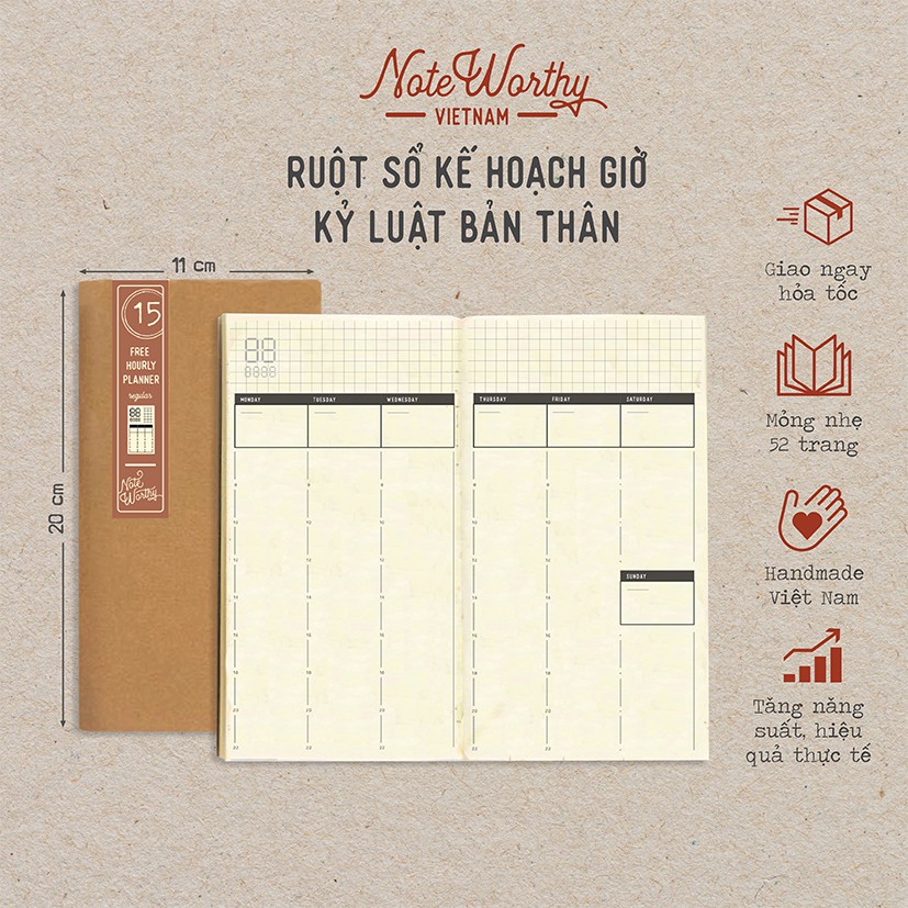 Sổ tay lập kế hoạch theo giờ 52 trang 11x20cm bìa mềm bỏ túi kỷ luật bản thân - Noteworthy hourly planner