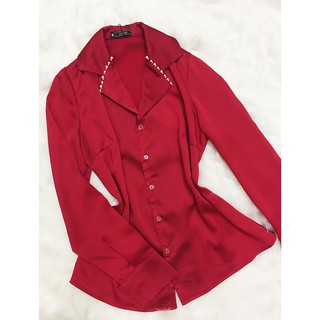 Áo sơ mi nữ cổ vest màu đỏ💖Có quà💖Áo đỏ dài tay công sở nữ vải đẹp