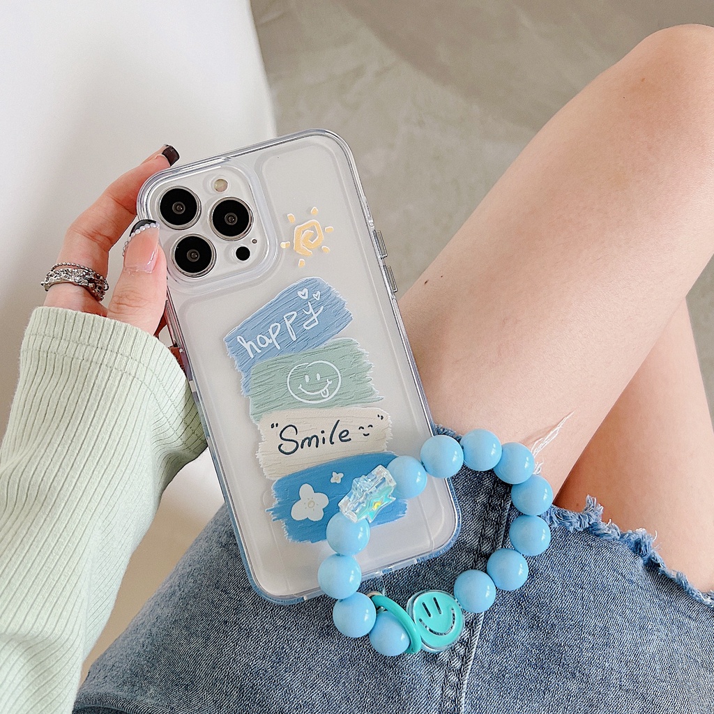 Ốp Điện Thoại Tpu Silicon Mềm Trong Suốt Hình Mặt Cười Đơn Giản Có Dây Đeo Ngọc Trai Cho iPhone 11 12 13 14 Pro XS Max XR