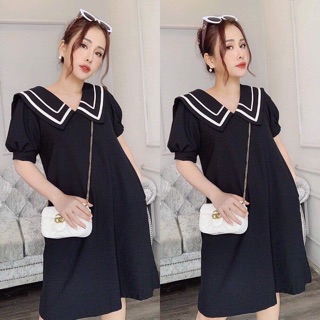 Đầm váy đen viền trắng form suông
