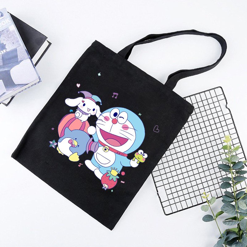 Túi tote vải đen đeo vai DORAEMON CUTE MÈO MÁY THÔNG MINH phong cách in hình anime chibi dễ thương thời trang