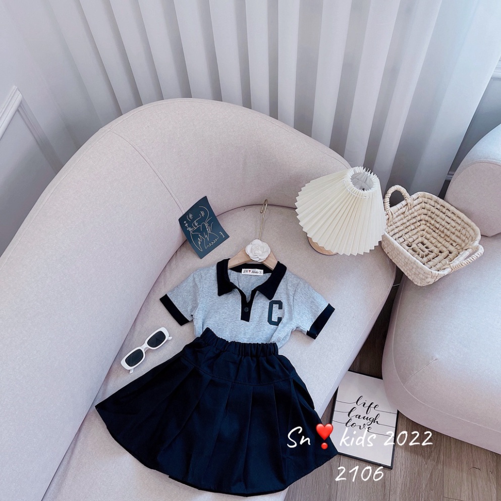 Sét áo thun kèm chân váy cho bé gái kiểu dáng thể thao, Set váy chữ C cho bé size 15-38kg