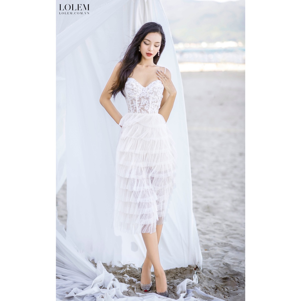 Đầm ren dự tiệc LOLEM DX331 thiết kế hai dây phối lưới tầng form corset