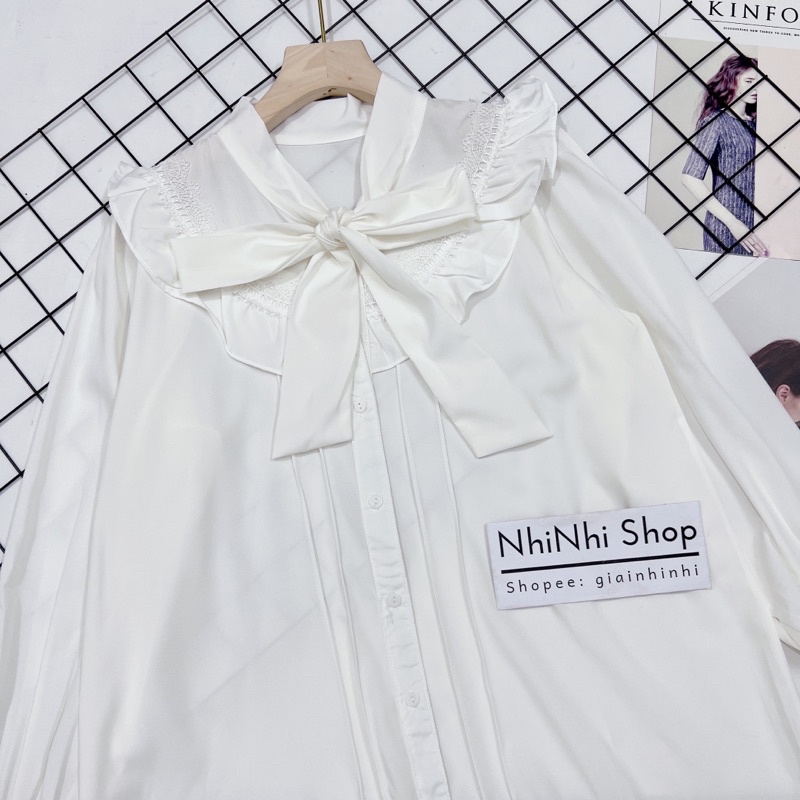 Áo sơ mi cổ thắt nơ tay phồng dáng rộng, Áo kiểu thiết kế viền bèo SM8088- NhiNhi Shop