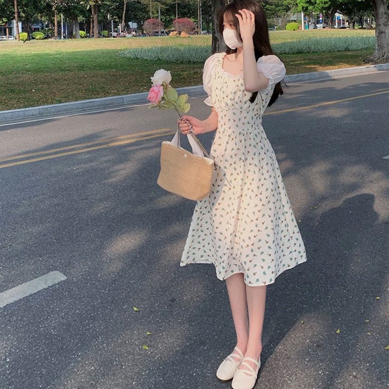Đầm Midi Mùa Hè Tay Phồng In Họa Tiết Hoa Cổ Điển Có Diềm Xếp Nếp Cho Nữ