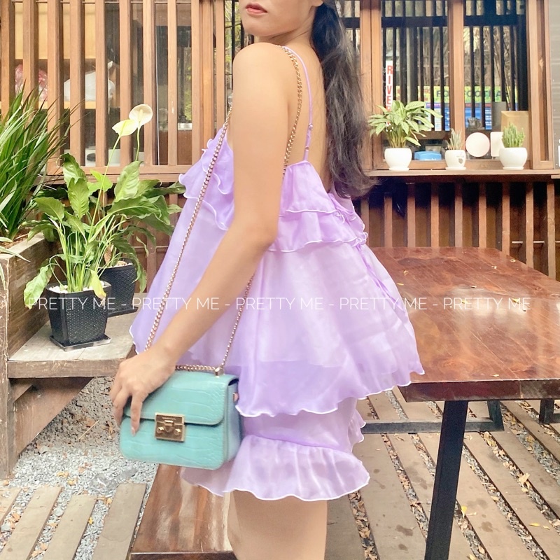 Lily set - set ngủ hai dây cổ yếm chất liệu tơ ánh kim