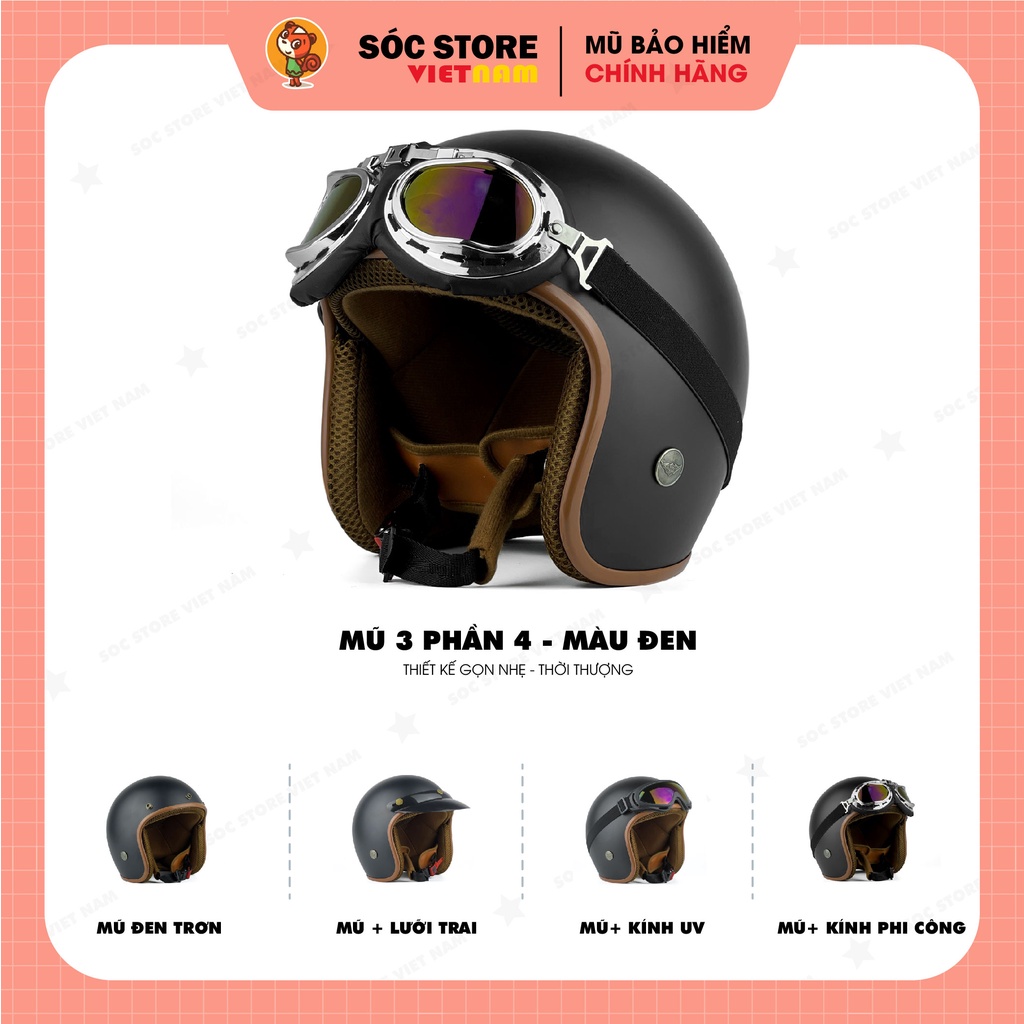 Mũ bảo hiểm 3 phần 4 chính hãng màu đen Sóc Store, nón bảo hiểm 3 phần 4 nam nữ freesize