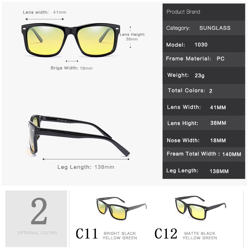 Kính râm gọng vuông phân cực phong cách thể thao dùng lái xe ban đêm cho nam và nữ