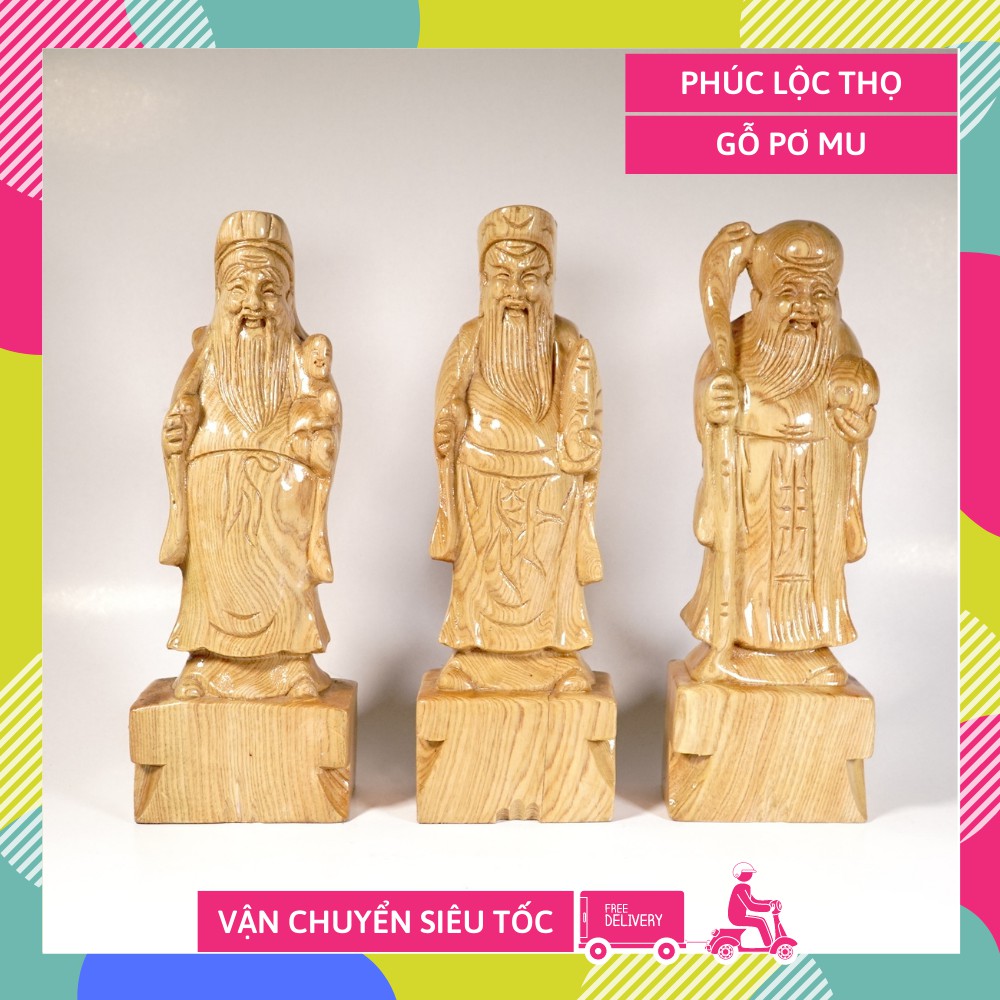 Bộ 3 tượng Phúc Lộc Thọ gỗ Pơ Mu vân gỗ đẹp nguyên khối cầu tài lộc sức khỏe bình an - Cao 26cm