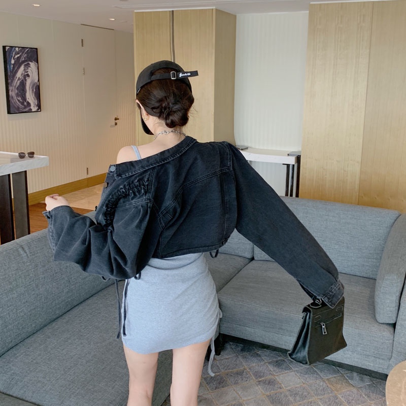 Áo khoác Denim dáng ngắn phối dây rút thời trang mùa thu cho nữ