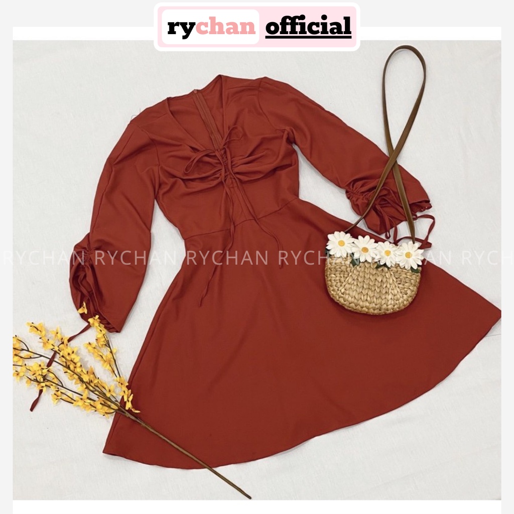 Đầm Suông Nữ Form Ngắn Cổ V Tay Dài Phồng Rút Dây Màu Đỏ Cực Trẻ Trung [ẢNH THẬT CUỐI] - DX9802