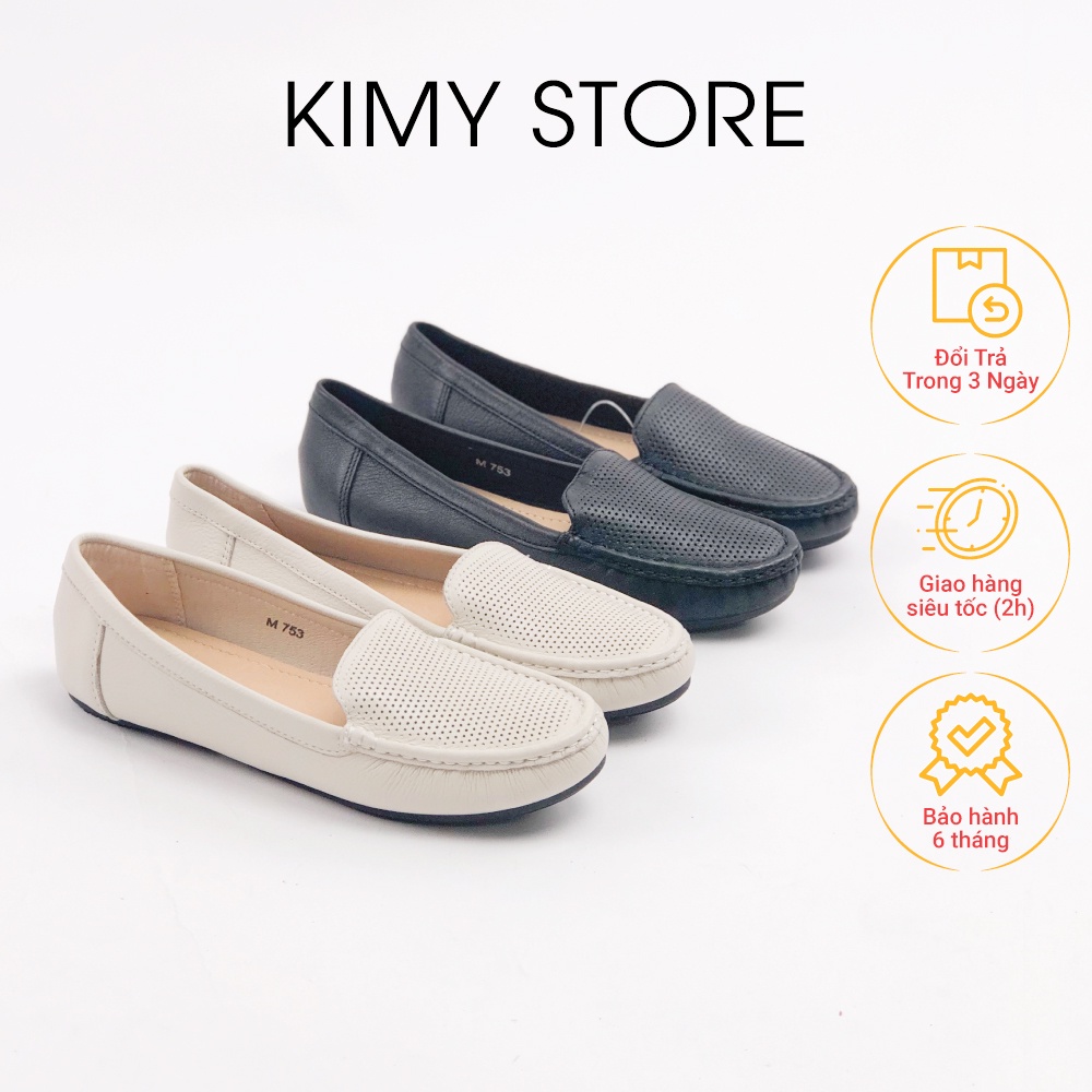 Giày bệt nữ da bò mềm - Giày đế bằng nữ moca da mềm đục lỗ thoáng khâu viền - KIMY STORE