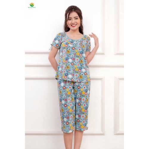 Bộ quần áo mặc nhà nữ mùa hè Việt Thắng, quần lửng, áo cộc tay, chất cotton - B46.2202