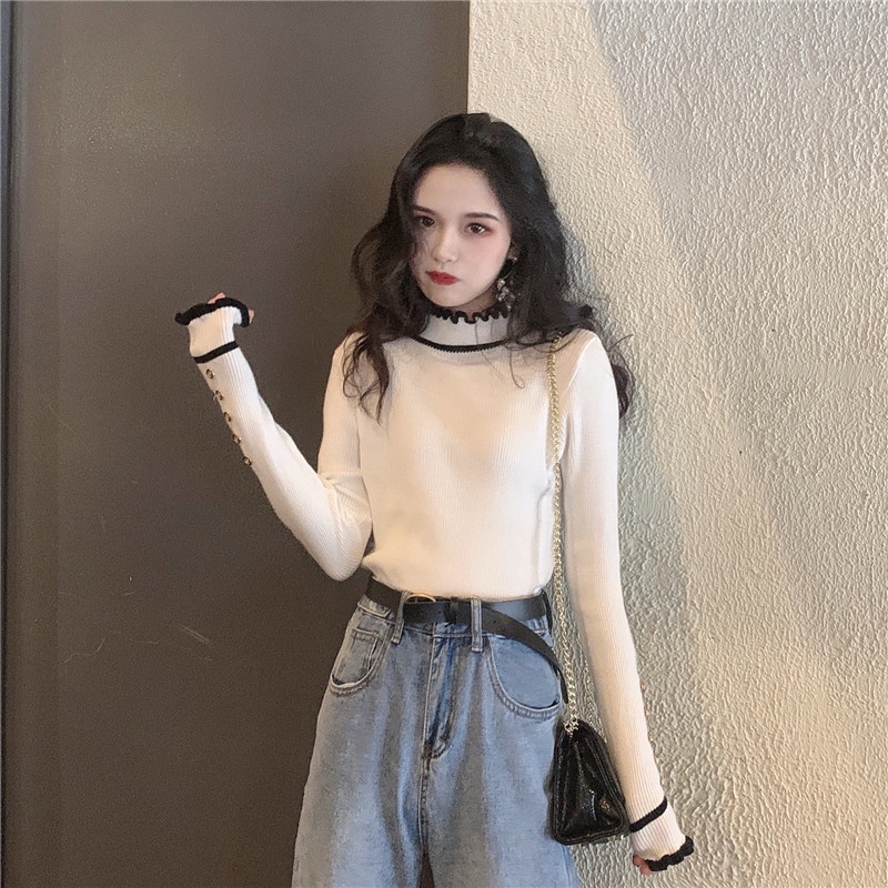 IELGY  Áo Dệt Kim Mỏng Tay Dài Cổ Cao Đính Tai Gỗ Phong Cách Cổ Điển Thời Trang Cho Nữ