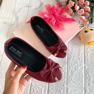 Giày da đế bệt mũi tròn gắn nơ đơn giản - DN80 Đỏ