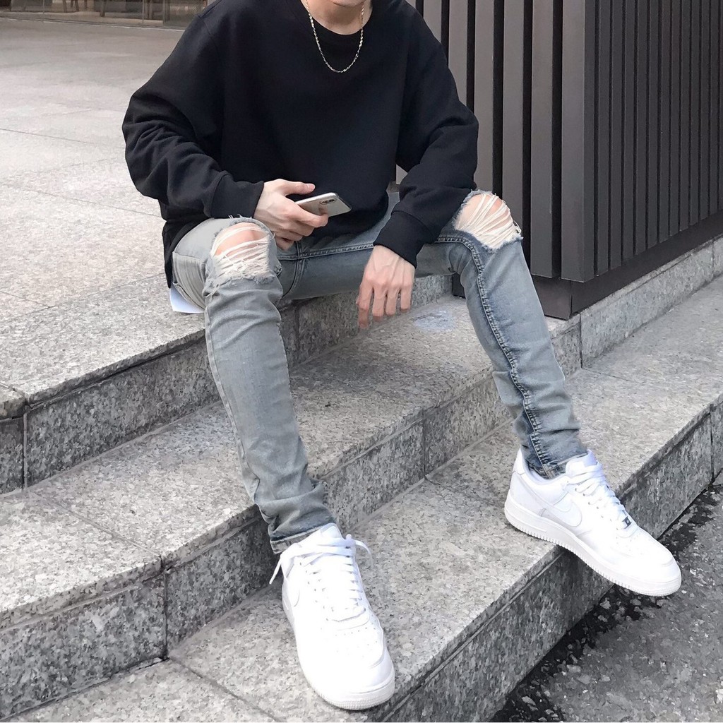 Quần Jean Nam Streetwear Cao Cấp FNOS NZ19 Màu Xanh Sáng - Rách Gối Form Slimfit - Jean Thun Co Giãn. | BigBuy360 - bigbuy360.vn