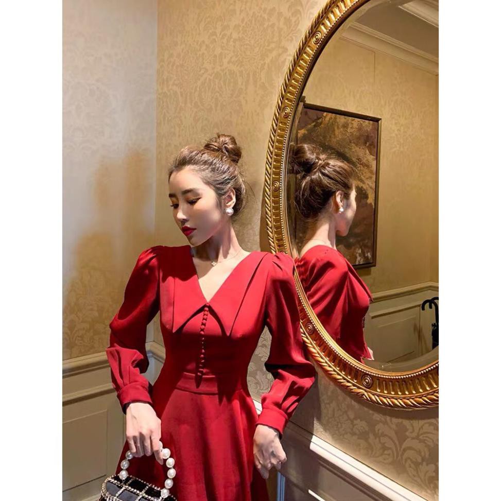 Đầm dự tiệc dáng xòe màu đỏ tay dài cổ nhọn mới lạ phối nút bọc cao cấp đi đám cưới, noel, tết siêu xinh - VADA - V555 | BigBuy360 - bigbuy360.vn