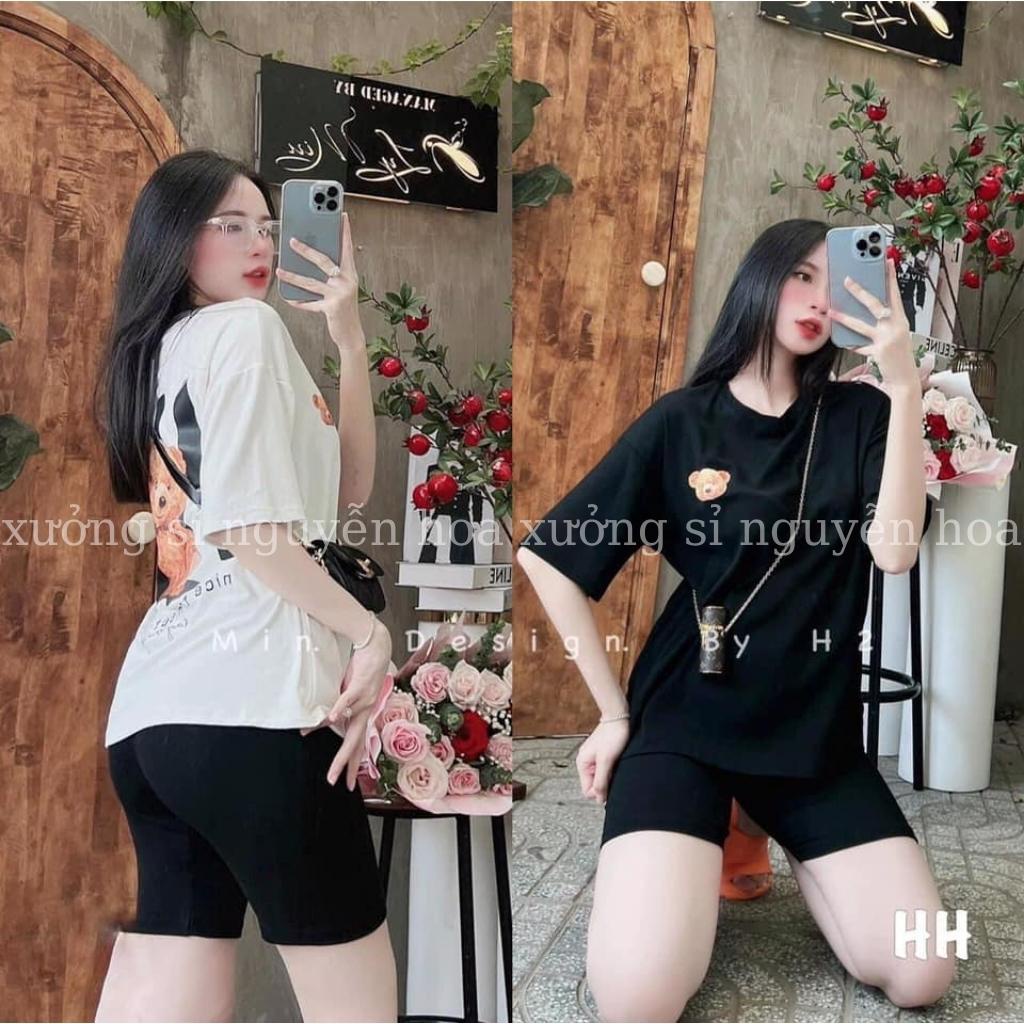 Bộ áo thun gấu ngực form rộng tay lỡ kèm quần legging lửng ôm 2 màu đen trắng phong cách hàn quốc Xưởng Sỉ Nguyễn Hoa