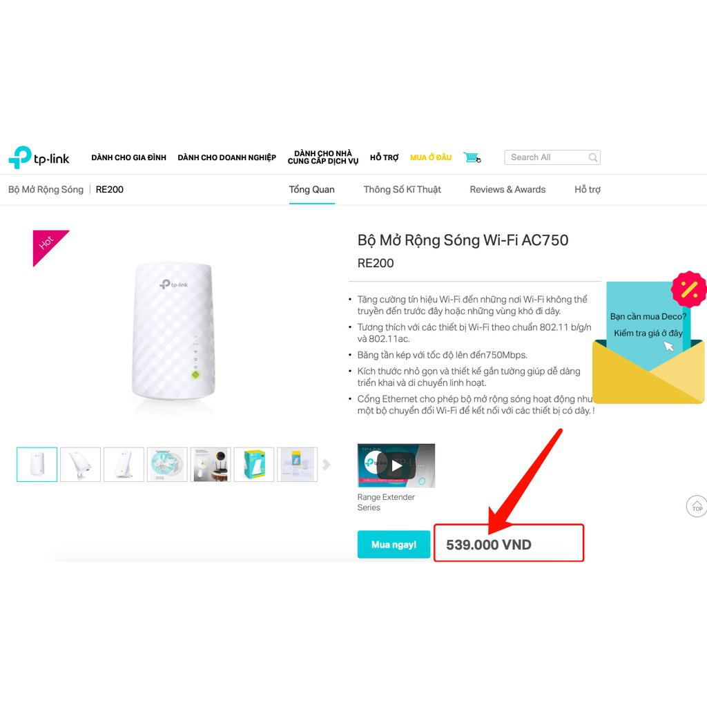 TP-Link AC 750Mbps Bộ mở rộng sóng Wifi Tăng cường vùng phủ Wifi - RE200 - Hàng Chính Hãng