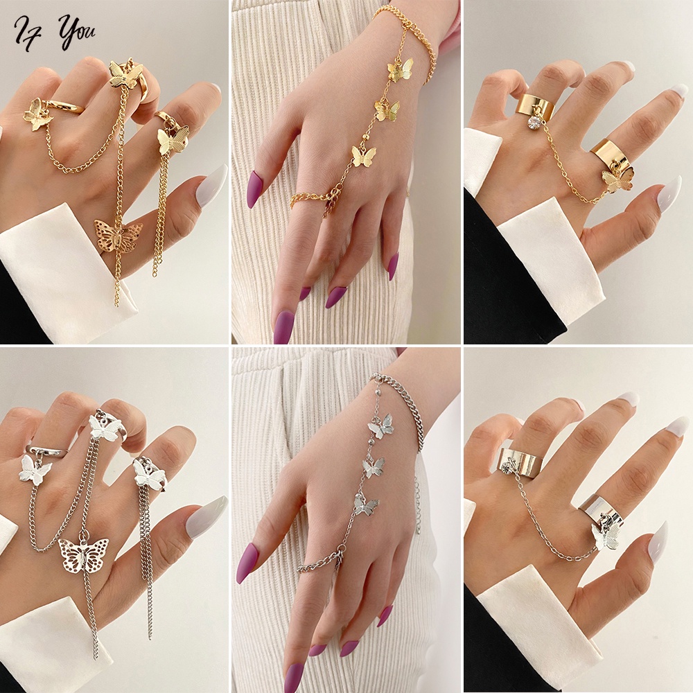 Set nhẫn AY thiết kế chuỗi xích rắn bướm mạ vàng/ bạc thời trang làm quà tặng dành cho nữ