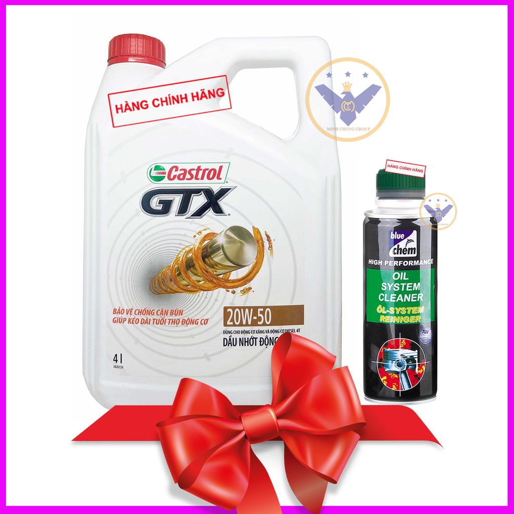 COMBO nhớt ô tô cao cấp Castrol GTX 20W-50 can 4L + Súc rửa động cơ Bluechem 250ml
