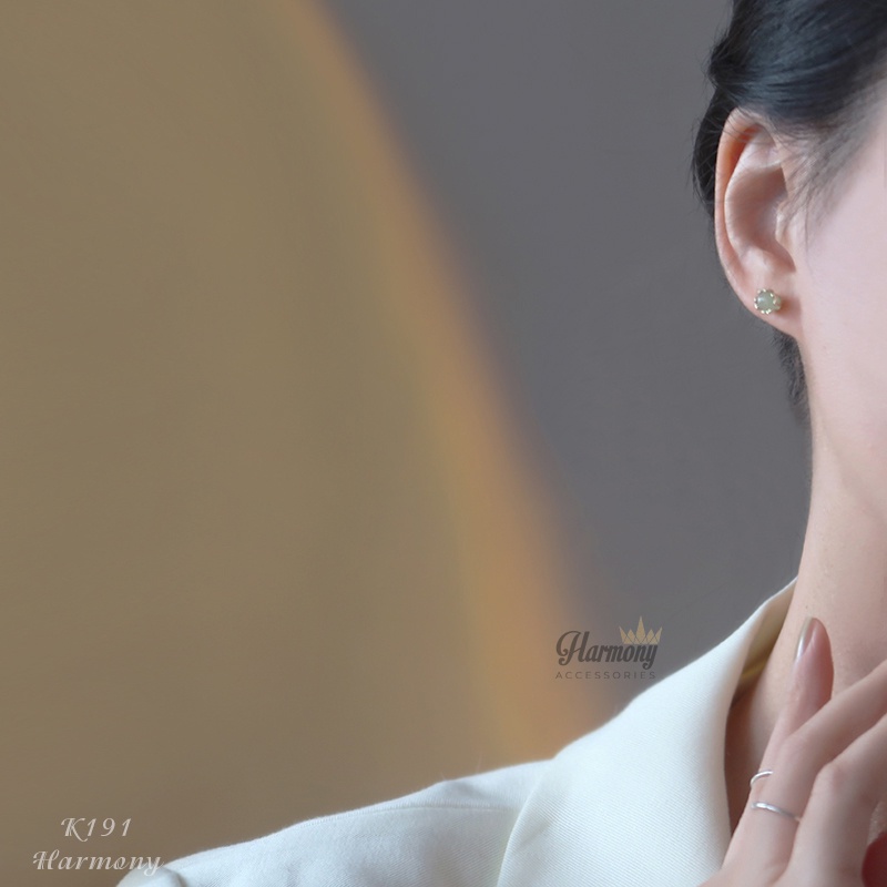 Bông tai, Khuyên tai nữ bạc mạ vàng mặt ngọc bích nhân tạo nhỏ đơn giản, xinh xắn, cực sang K191 TRANG SỨC BẠC HARMONY