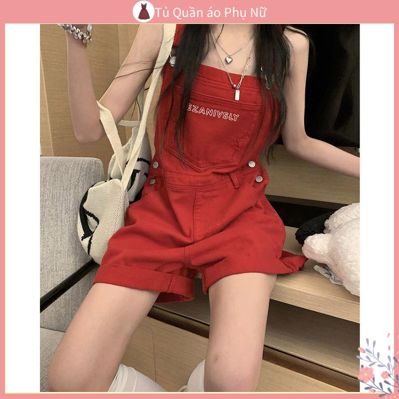 Quần Yếm Đồ bay Denim Ngắn Eo Cao Ống Rộng In Chữ Màu Đỏ Spicy Ngọt Ngào Phong Cách Hàn Quốc Thời Trang Mùa Hè 2022 Mới Dành Cho Bạn Nữ