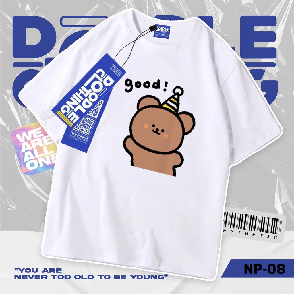 Áo thun nam nữ tay lỡ unisex oversize áo phông form rộng basic tee hình vẽ gấu nâu đội nón sinh nhật good