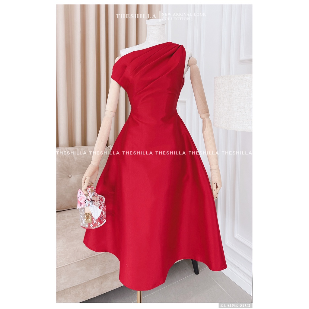 Váy thiết kế cao cấp màu đỏ lệch vai xếp ly ngực form dài sang trọng [ Có video + Ảnh thật ] The Shilla - Elaine-52C2