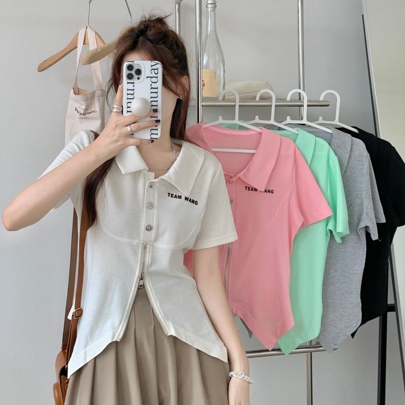 Áo Thun Tay Ngắn Thiết Kế Khóa Kéo Màu Trơn Thiết Kế Mới Thoáng Khí Cho Nữ