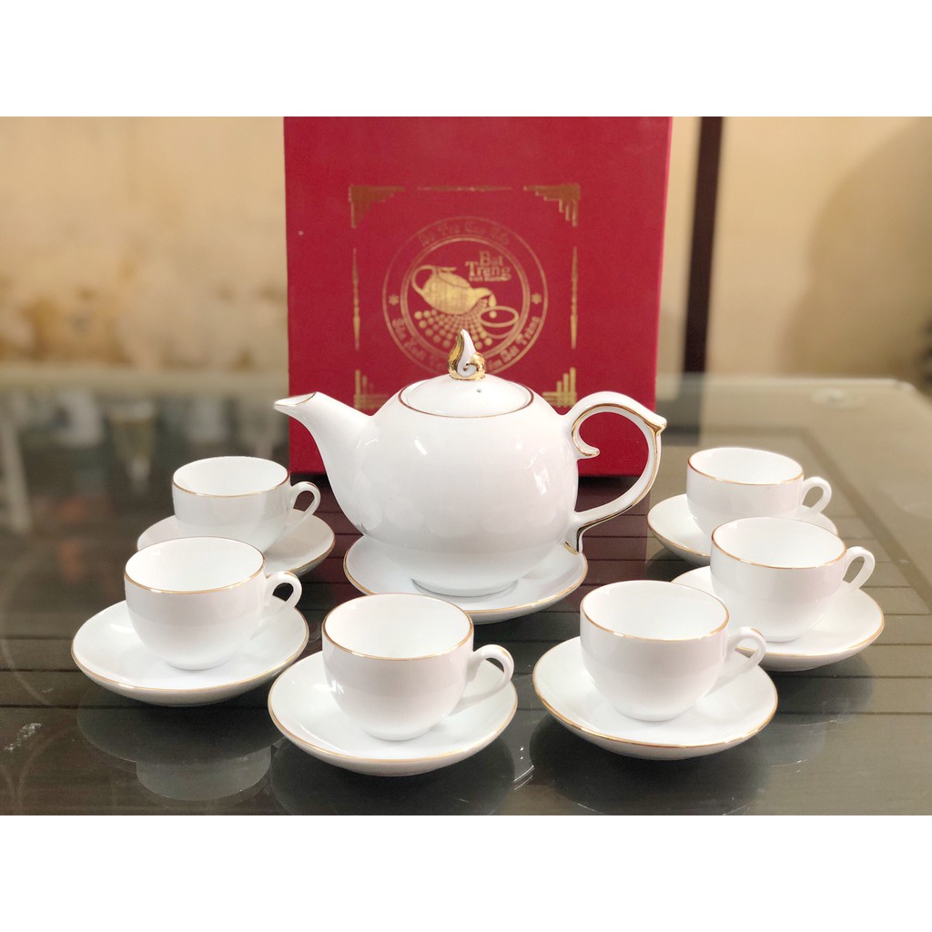 Ấm chén trắng vẽ vàng kim Bát Tràng cao cấp không hộp xi đỏ