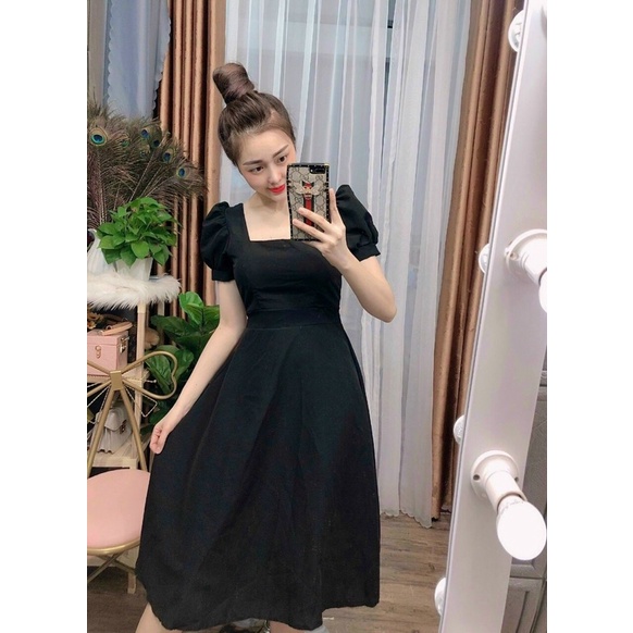Đầm xoè trơn cổ vuông tay ngắn phồng có dây thắt eo kèm mút ngực-hình thật.