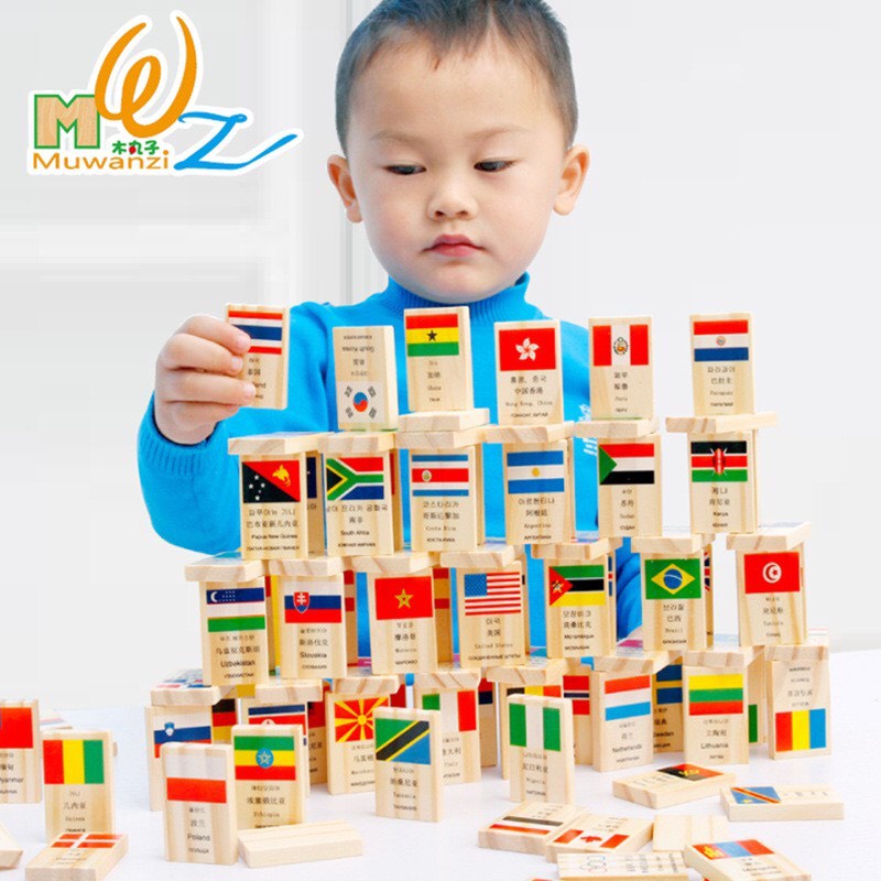 Đồ chơi domino gỗ 100 hình cờ các quốc gia